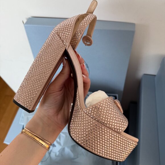 Prada Pink Embellished Platform Heels Logo Satin Crystal Sandals Open Toe - Picture 9 of 10